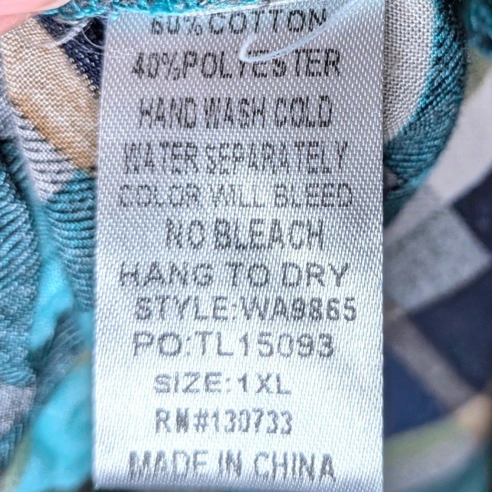 Umgee Women 1XL Tunic Shirt Teal Navy Plaid Oversized Patch High Low WA9865 - Picture 11 of 12